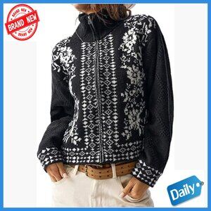Women's Zip Front Cardigan Sweater Long Sleeve Knitwear Floral Print